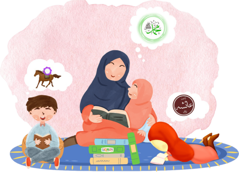 Illustrated image of Muslim children learning about Islam with parent